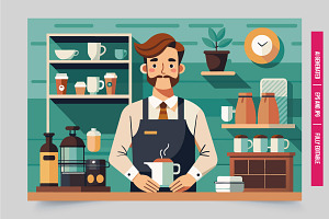Cartoon barista cafe with coffee, an Illustration by Tanuart