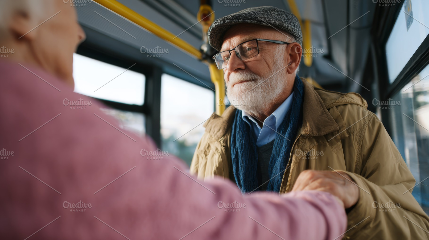 Elderly Caucasian man with a beard and glasses warmly assisting an older woman, a Business Photo by ImageMir