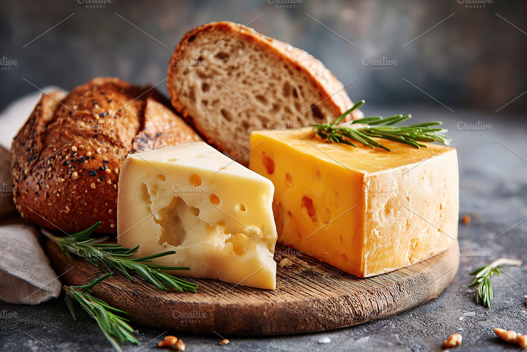 Delicious assortment of crusty bread and cheese on a wooden board with fresh he, a Food & Drink Photo by AlyaAnd