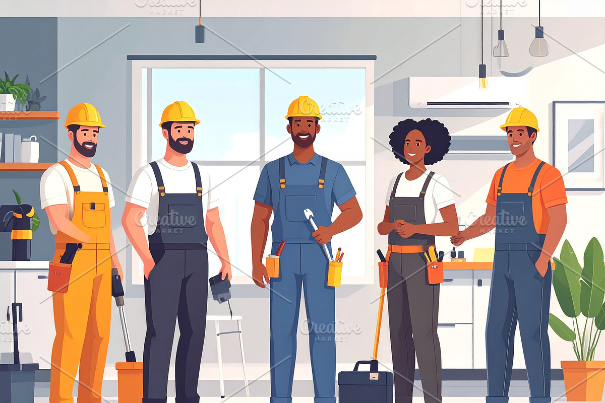 Diverse service technicians posing in a clean, modern home, a Person Illustration by DanFLCreativo