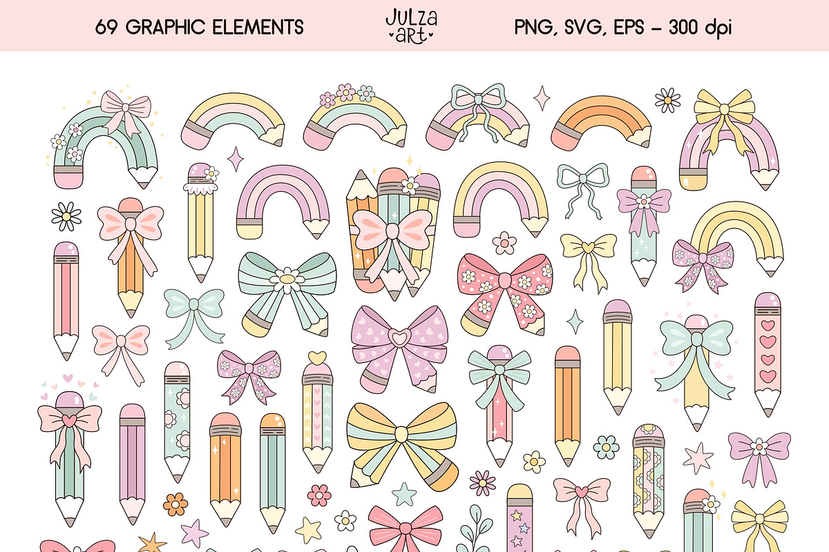 Coquette Pencils Bows Collection, an Education Illustration by JulzaArt (Photo 2 of 11)