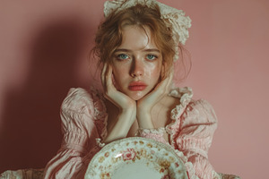 Portrait of a thoughtful woman in vintage attire against a pink background, a Photo by AS photostudio