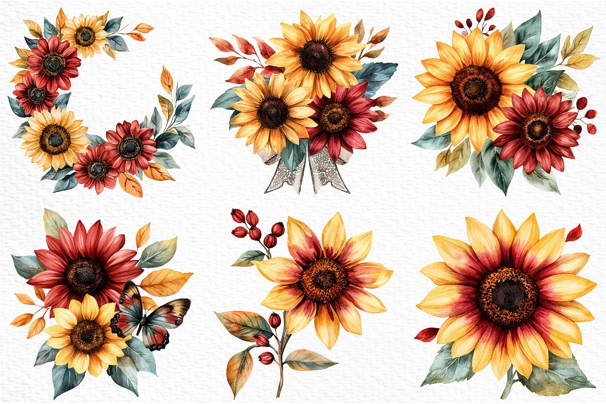 Watercolor Sunflowers Clipart, an Illustration by Craft Nest (Photo 4 of 8)