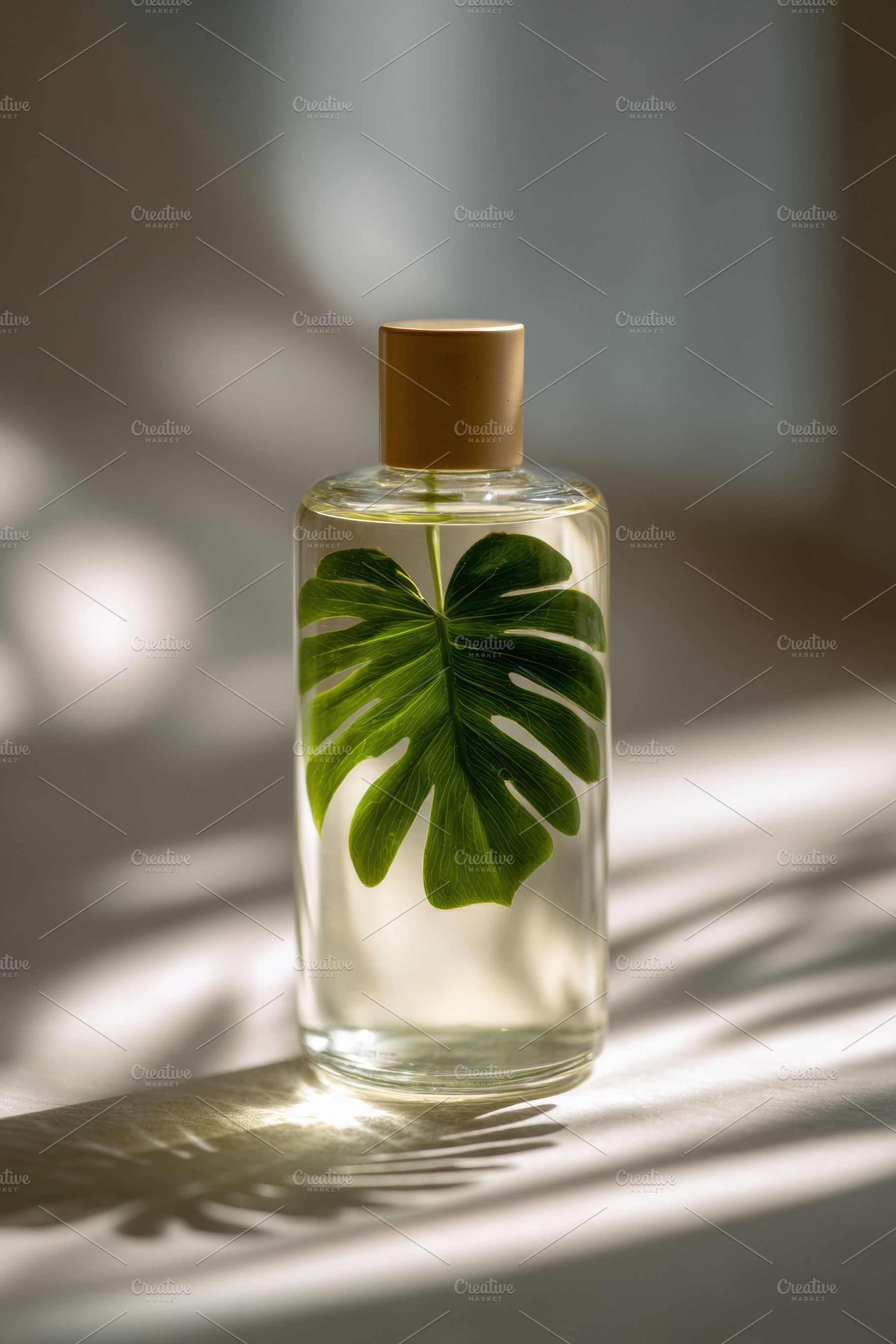 Green plant leaf, transparent bottle, a Nature Photo by Virgo Studio
