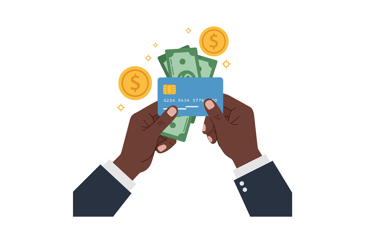 Hands holding cash and a credit card, an Illustration by designvectx