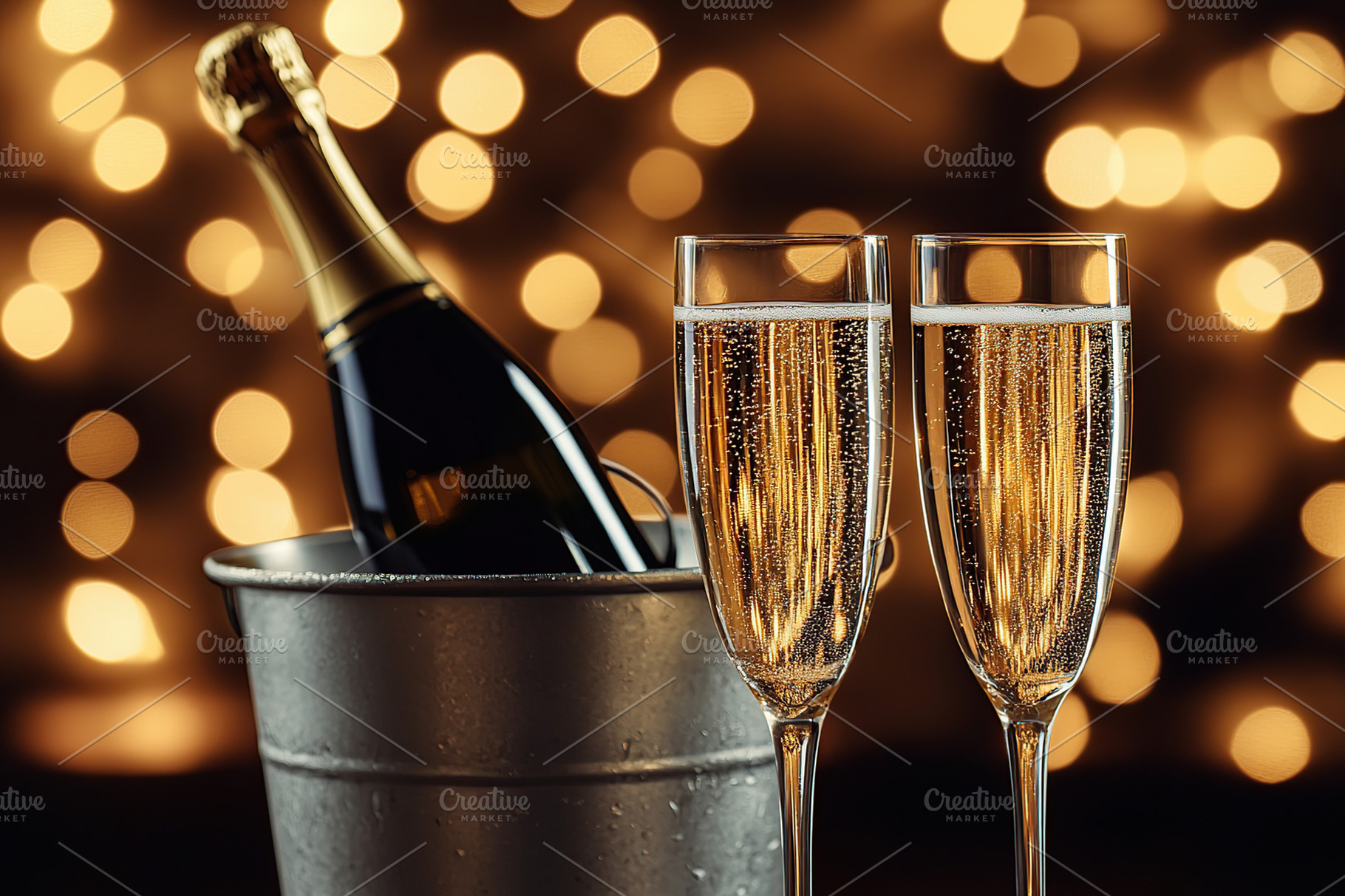 Champagne glasses and bucket with champagne bottle on blurred li, a Food & Drink Photo by AlyaAnd