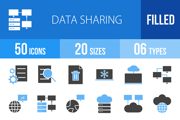 50 Data Sharing Blue Black Icons