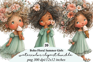 Boho Floral Summer Girls Clipart, an Illustration by Digital Artistic99