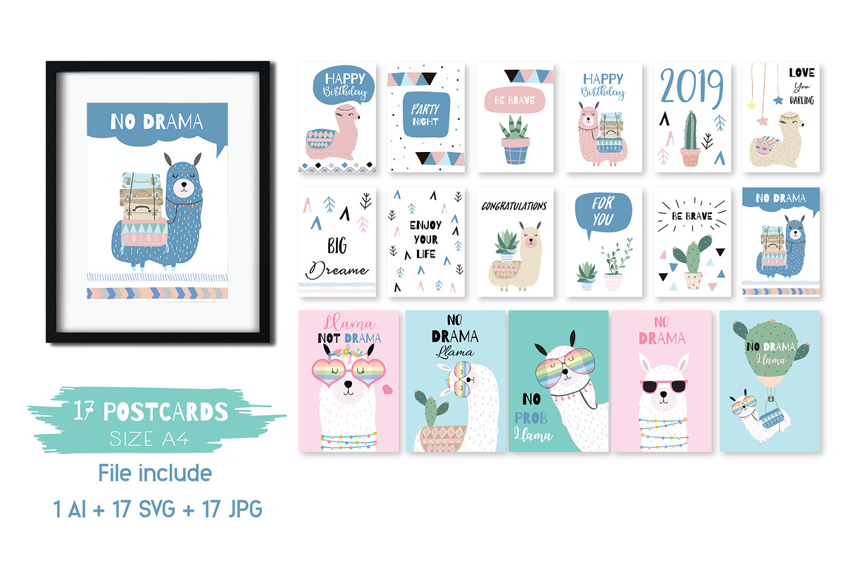 Cute llama set print and pattern, an Animal Illustration by Piixypeach (Photo 2 of 6)