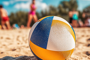 Volleyball rests on sandy beach with players in the background enjoying a sunny, a Sports & Recreation Photo by AlyaAnd