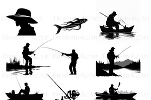 Fishing Silhouette Clipart, Line Art