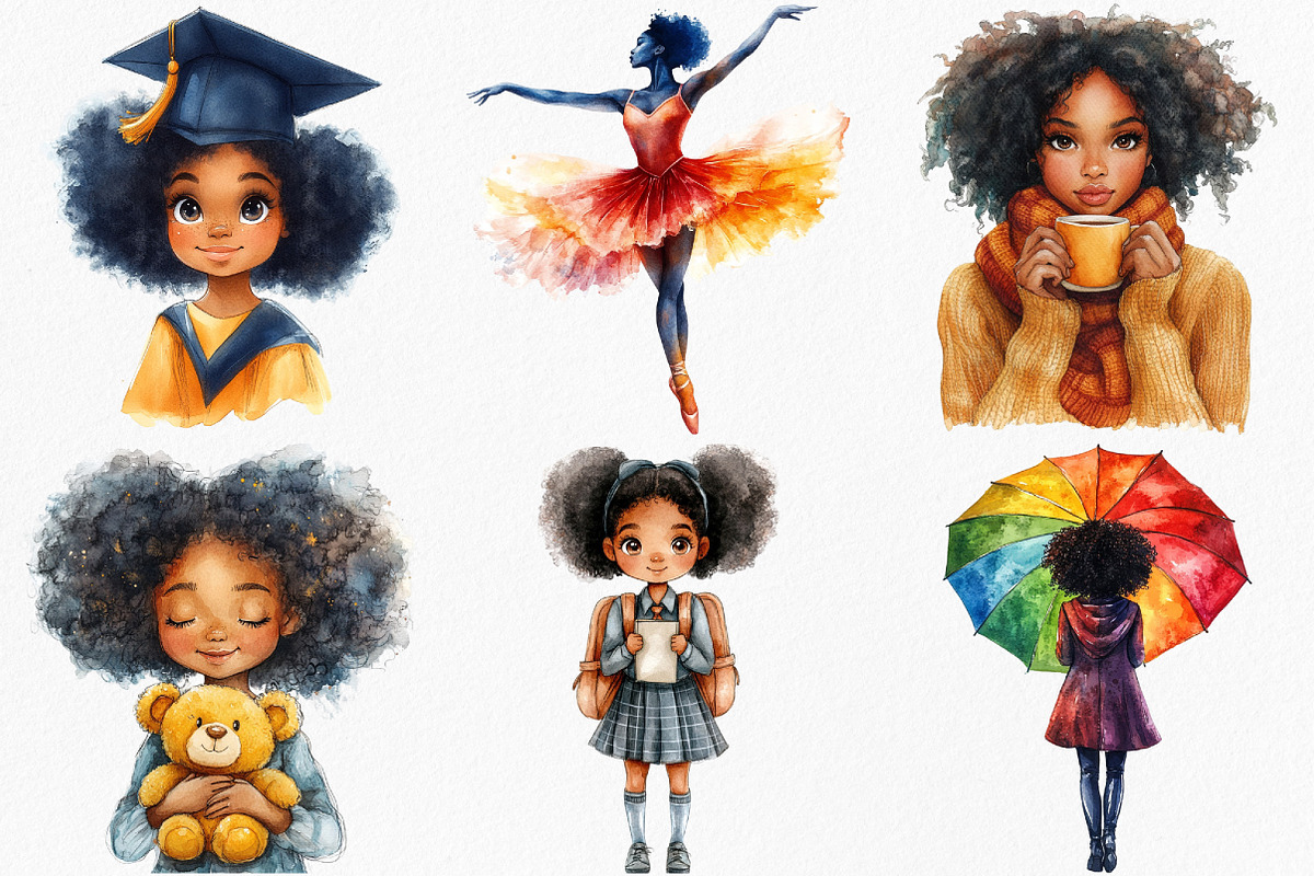 Watercolor Black Afro Girl Clipart, an Illustration by Canvas Craft (Photo 3 of 7)