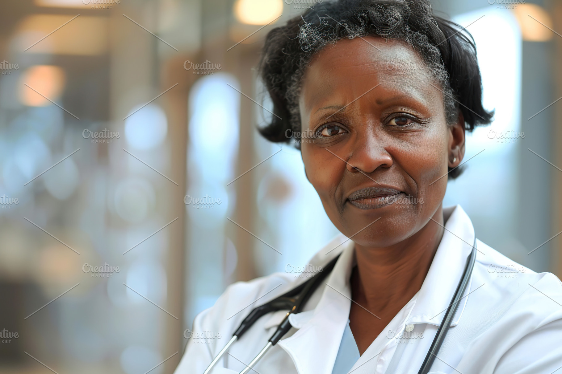 Portrait of african american mature doctor on blurred clinic bac, a Person Photo by AlyaAnd