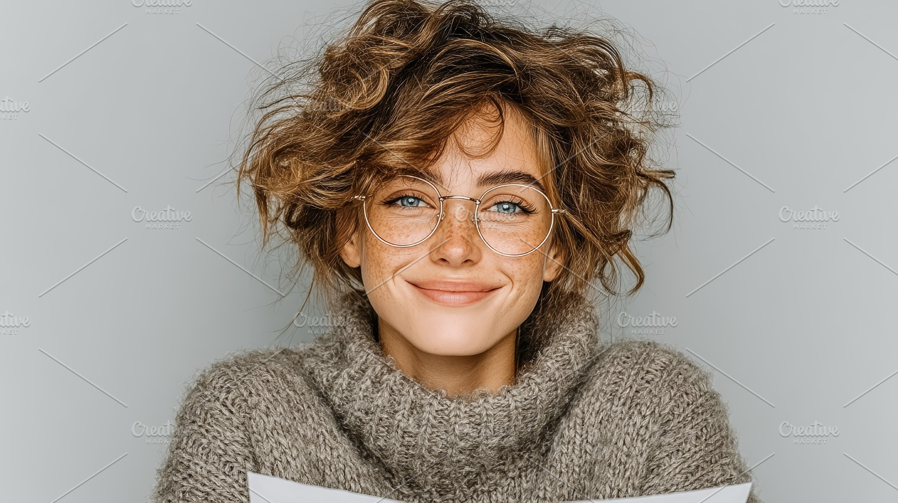 Smiling young woman wearing glasses and sweater expressing joy and confidence, a Photo by AS photostudio