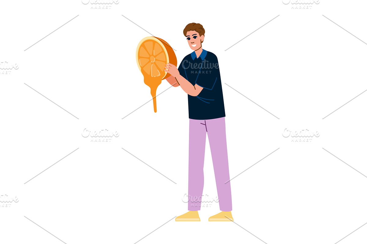 Young man holding squeezed orange, a Food Illustration by pikepicture