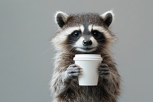 Cute raccoon with takeaway cup of drink on grey background, an Animal Photo by AlyaAnd