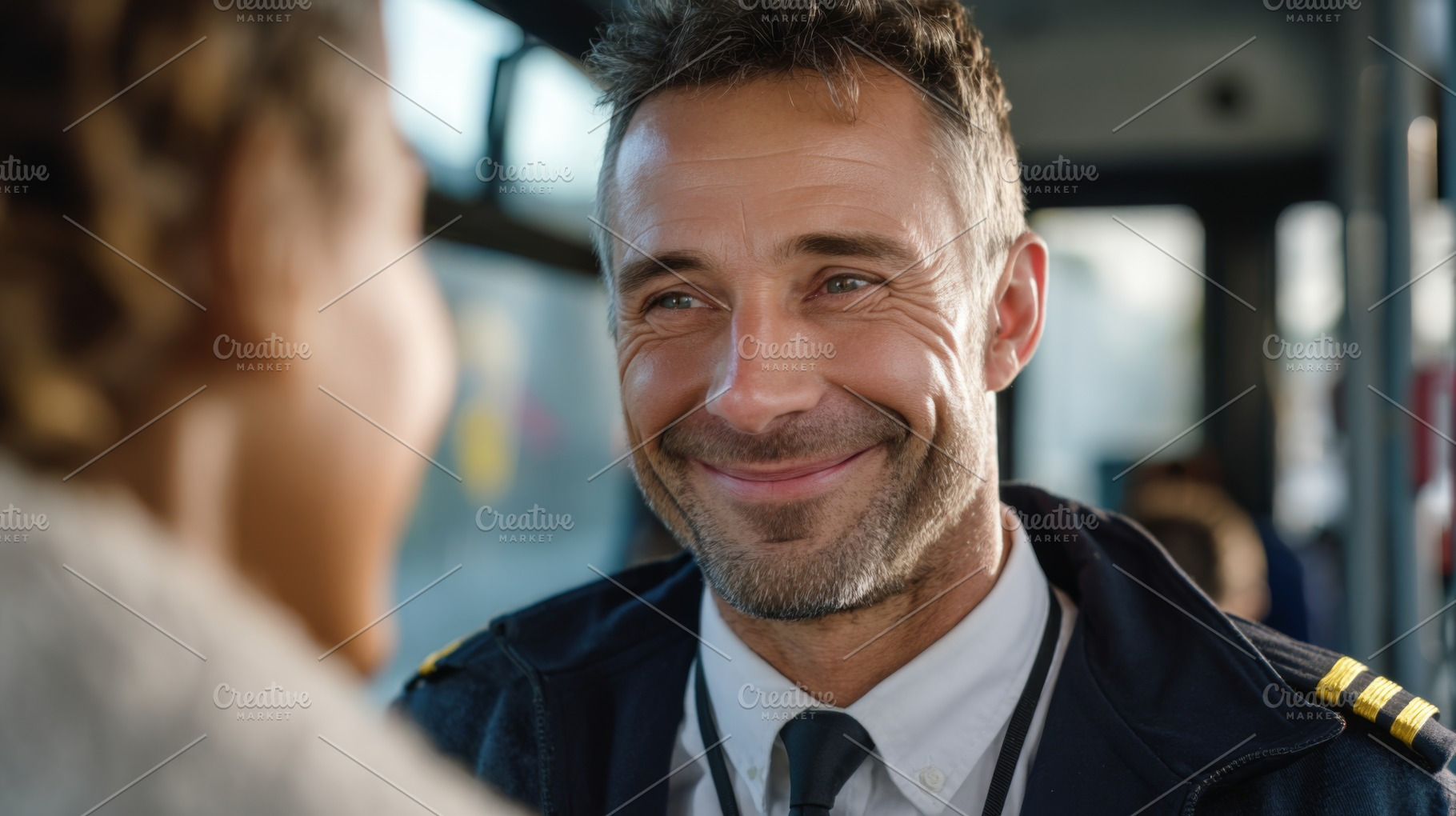 A smiling Caucasian male pilot in uniform shares a warm moment with a passenger, a Person Photo by ImageMir