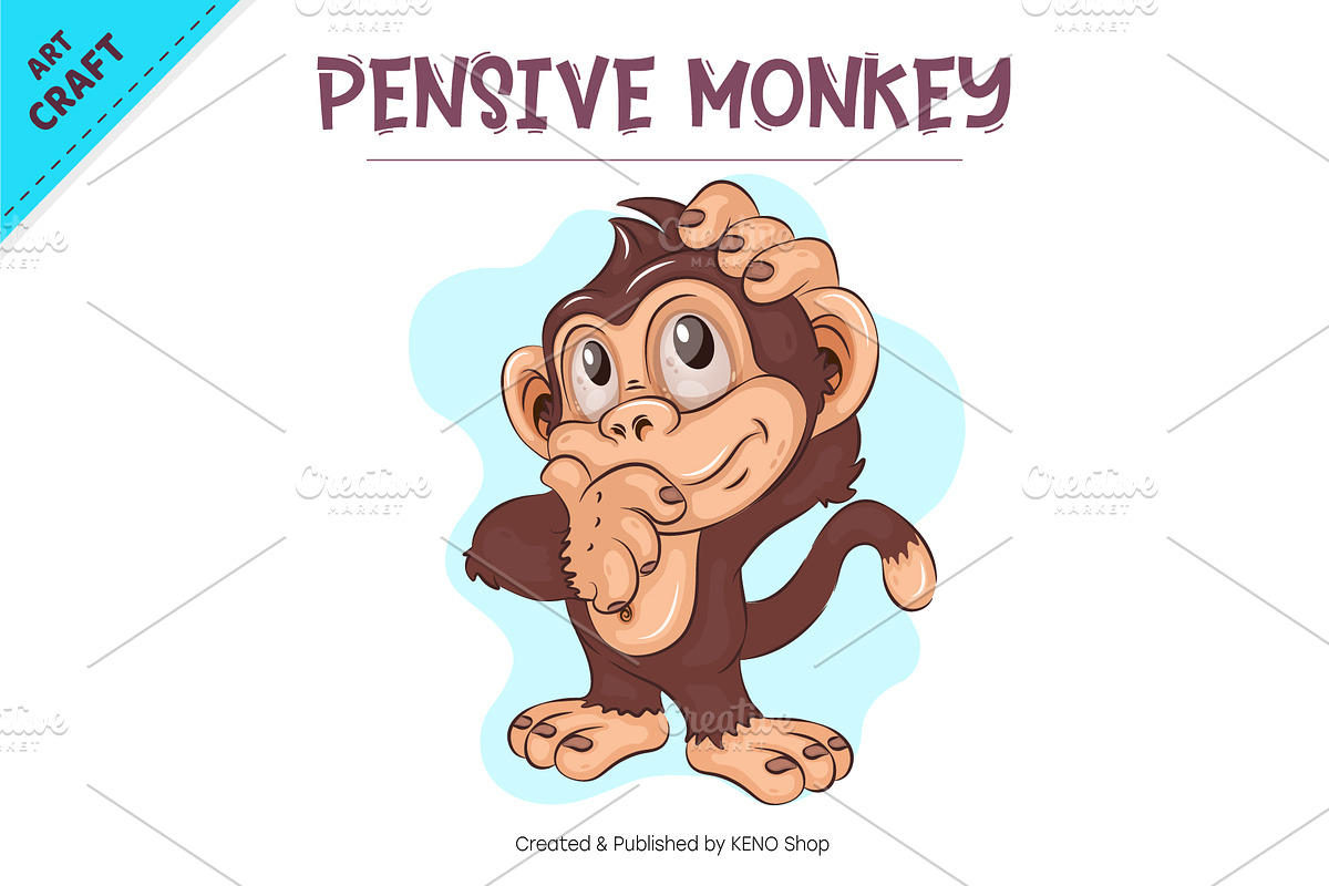 Pensive Cartoon Monkey. Crafting, an Animal Illustration by KENO Mascots (Photo 2 of 3)
