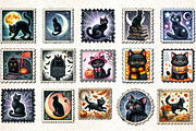 Halloween Black Cat Postage Stamp PN, an Illustration by Rose Art (Thumbnail 2 of 4)