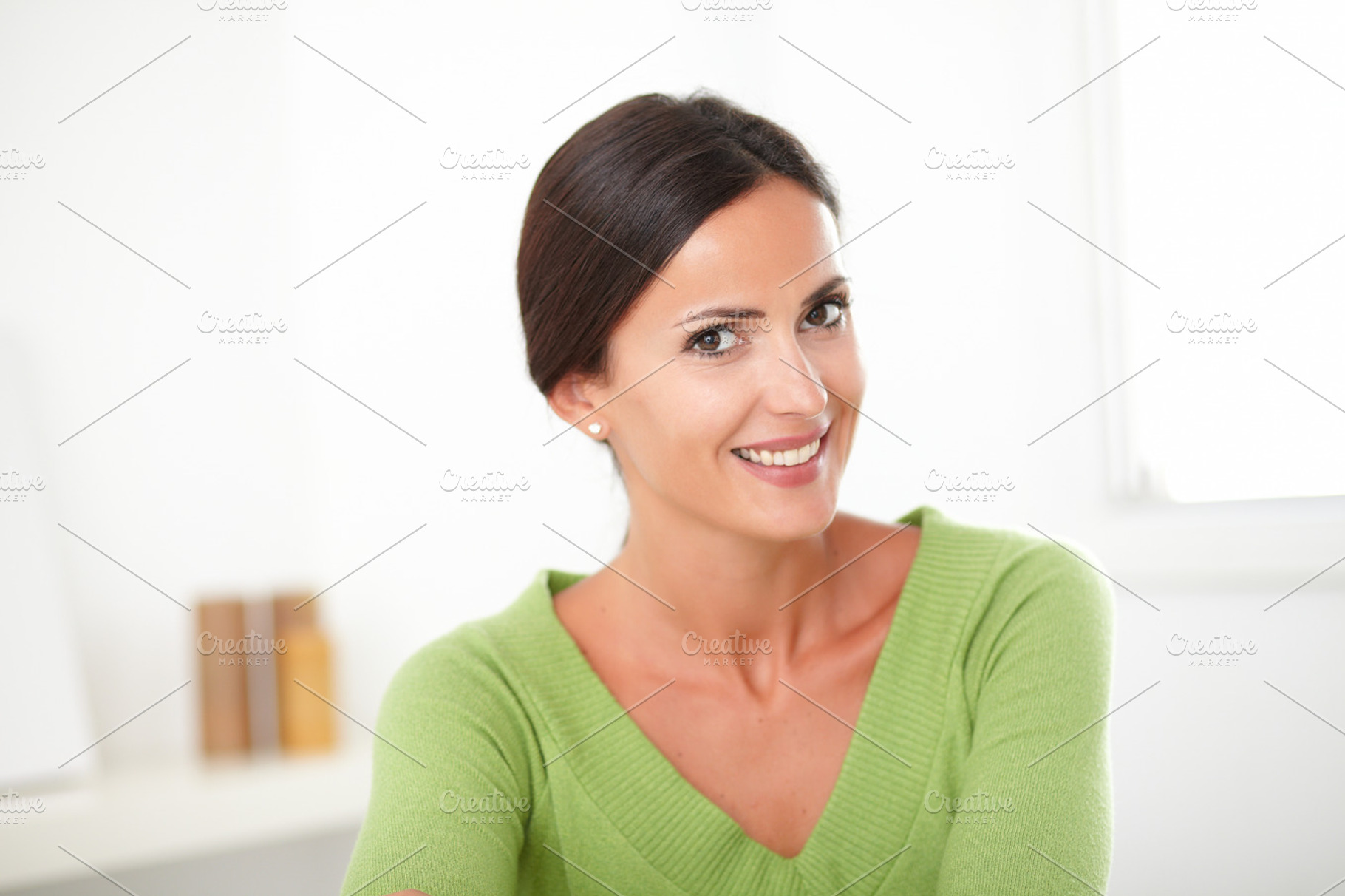 Cute woman at home desk featuring smart, brunette, and female, a Person Photo by Coco Images