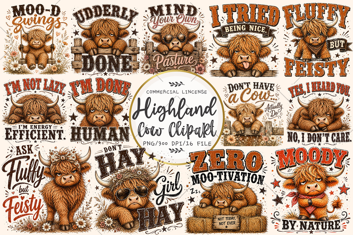 Funny Highland Cow Clipart Bundle, a Seasonal Illustration by OK Design (Photo 1 of 6)