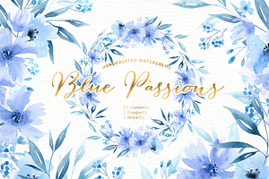 Blue Passions Watercolor Clipart