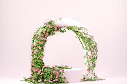 3d spring floral scene with podiums