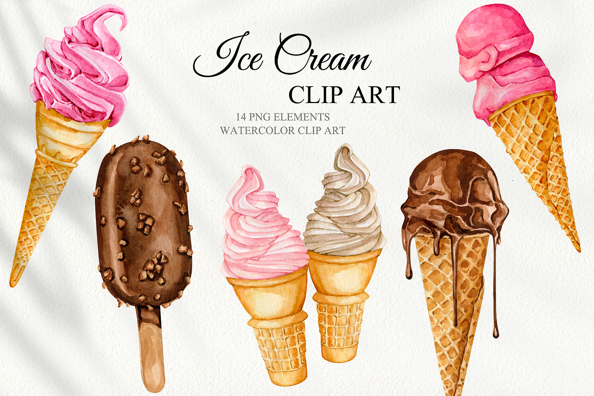 Watercolor Ice Cream set, a Food Illustration by CrystalinaShop (Photo 1 of 5)