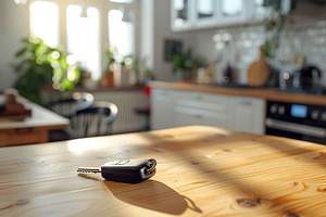 Car key on wooden desk, a Photo by AlyaAnd