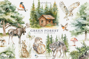 Watercolor Green Forest Clipart Set