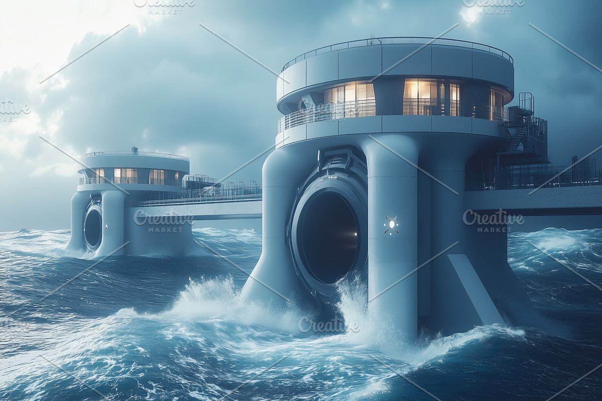 A futuristic coastal structure with large cylindrical openings, surrounded by t, a Technology Illustration by Textures & Backgrounds