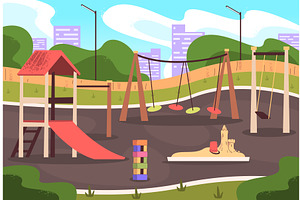 Empty kids playground. Child park, an Illustration by Stock-Smart-Start