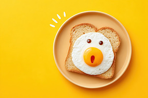 Creative egg dish with a shocked face design on toast against a bright yellow b, a Food & Drink Photo by AlyaAnd