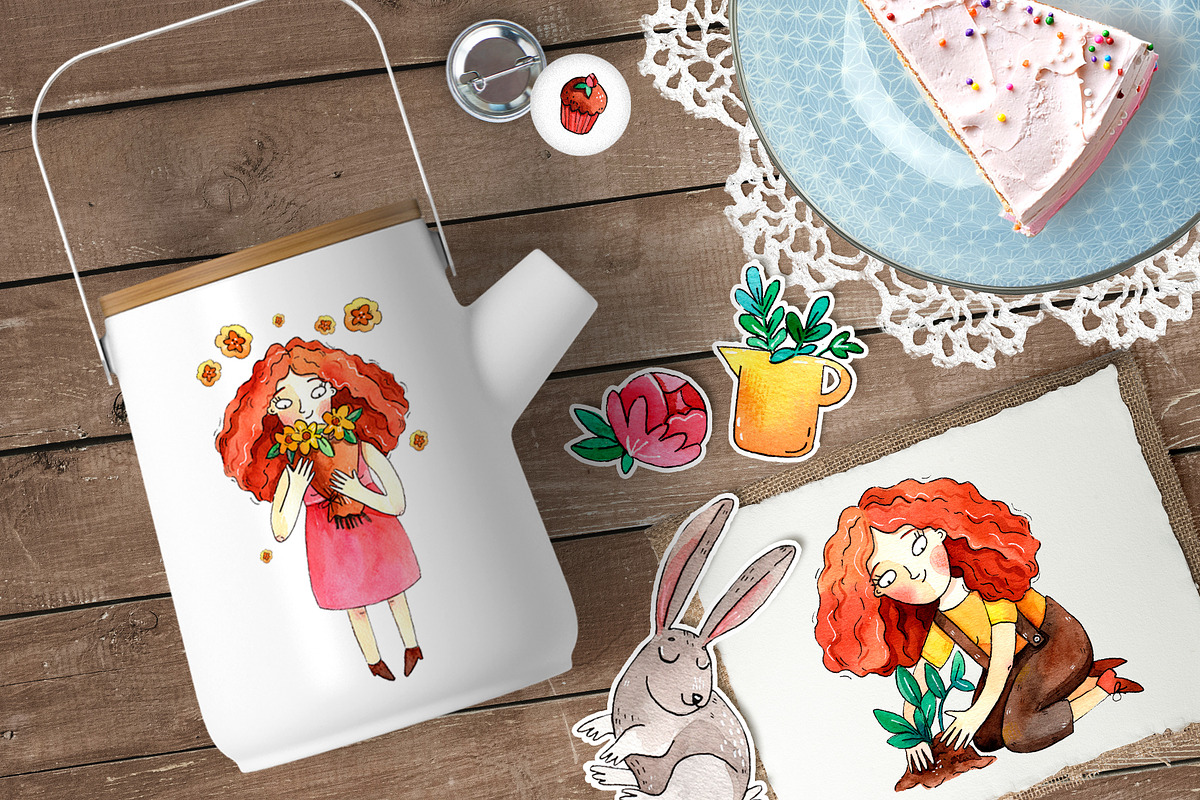 Spring Girl watercolor clipart set, a Decorative Illustration by Ekaterina Goncharova (Photo 2 of 4)