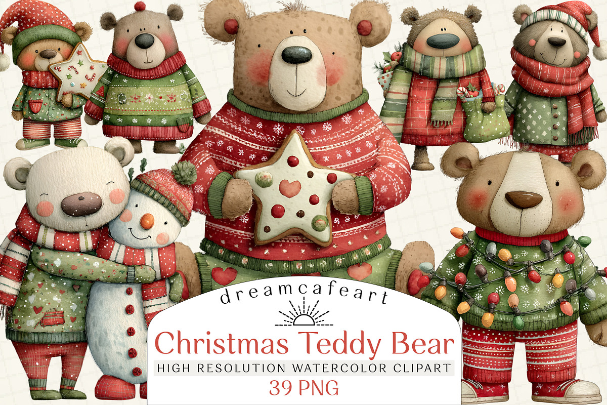 Christmas Teddy Bear Clipart, an Illustration by DreamCafeArt (Photo 1 of 7)