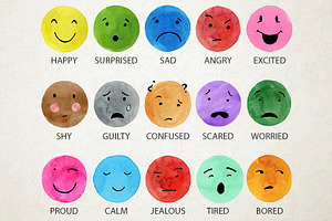 Watercolor Emotions Clipart, Emojis