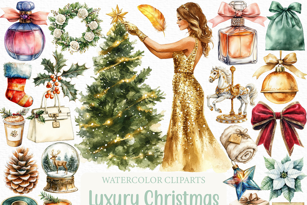 Watercolor Luxury Christmas Clipart, an Illustration by Craft Nest (Photo 1 of 6)