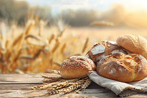 Fresh baked bread on table on wheat field background, a Food & Drink Photo by AlyaAnd
