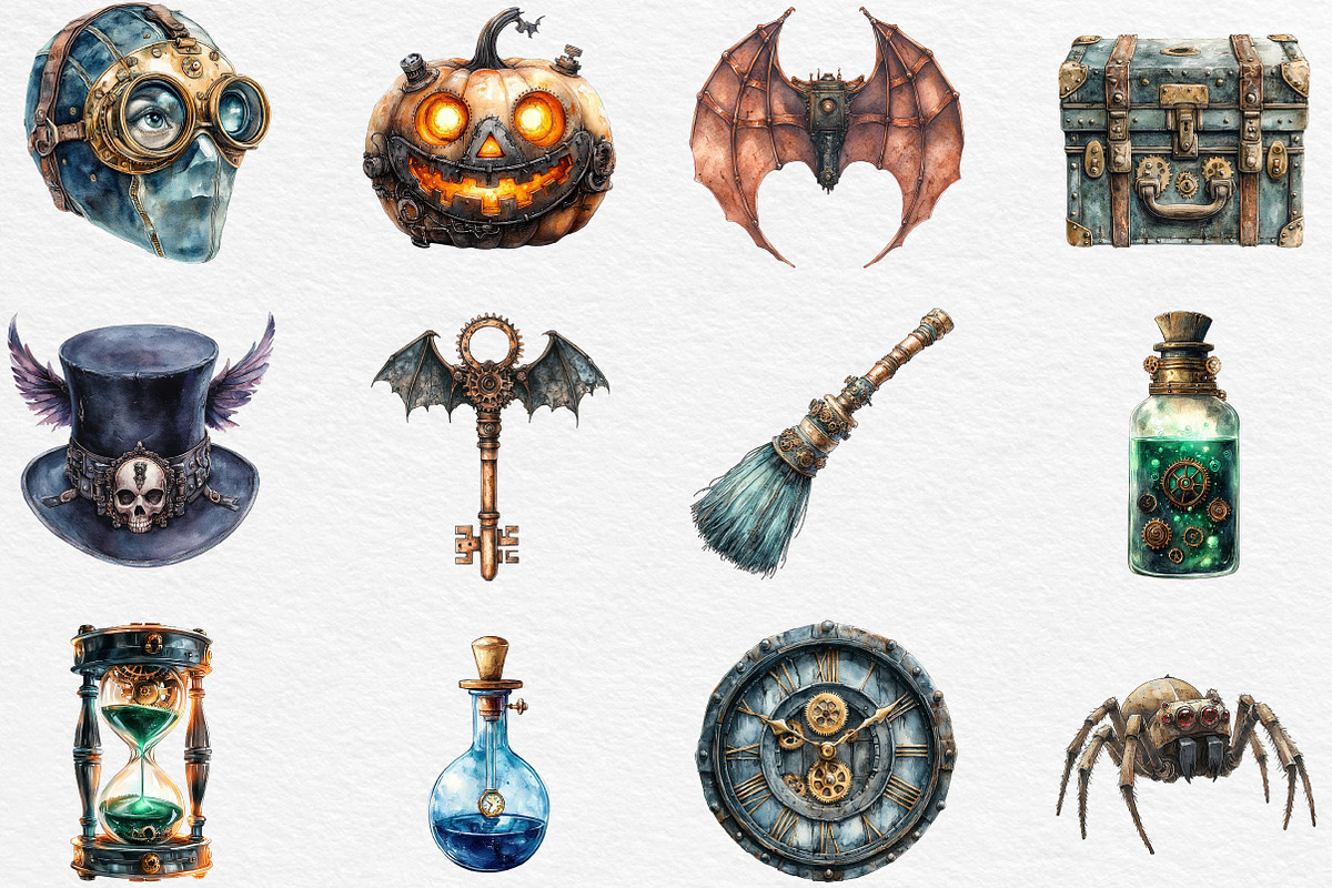 Steampunk Halloween Clipart Bundle, an Illustration by Black Bird Studio (Photo 3 of 6)