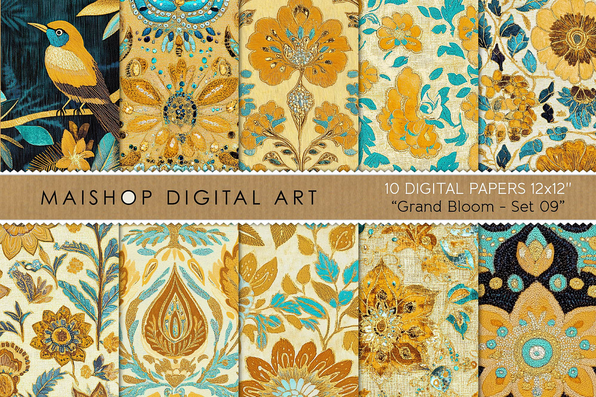 Floral Bird Digital Paper Set, a Pattern Graphic by Maishop (Photo 1 of 3)