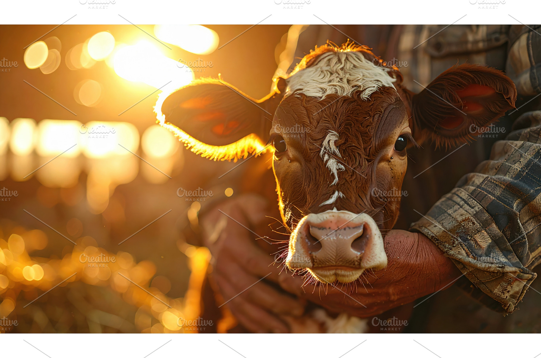 Farmer embracing a young brown calf, an Animal Photo by Igor Tichonow