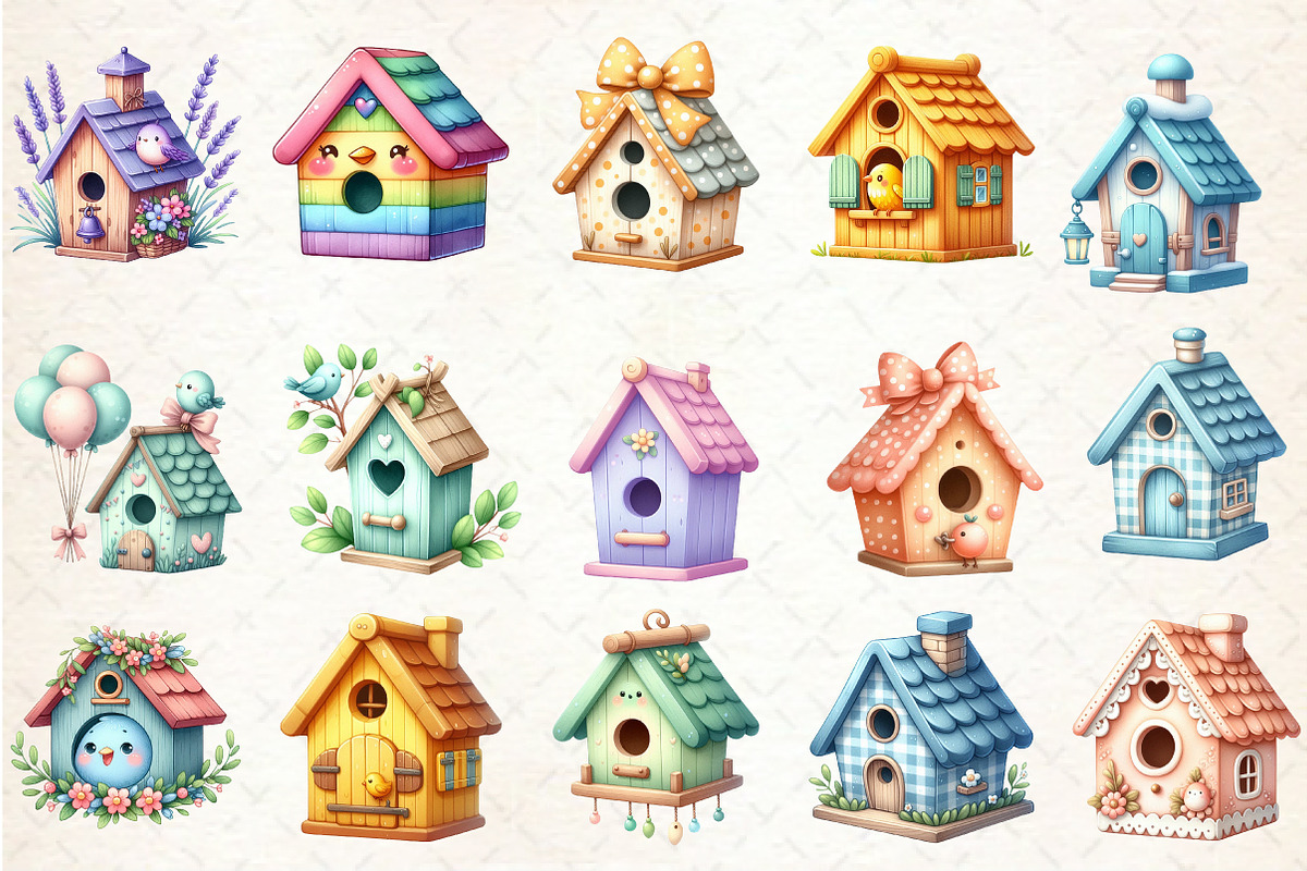Cute Pastel Birdhouses Clipart, an Illustration by Rose Art (Photo 2 of 4)