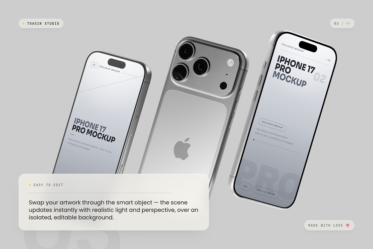 iPhone 17 Pro Mockup, an iPhone Mockup by Toasin Studio (Photo 3 of 7)