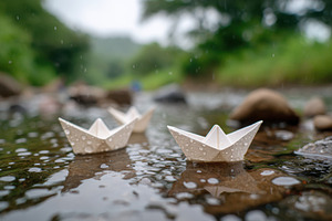 Paper boats floating in a serene forest stream, an Abstract Photo by AlyaAnd