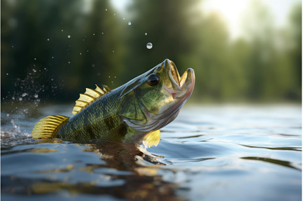 Small bass taking off water lake, an Animal Photo by Ylivdesign