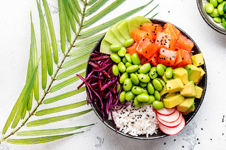 Poke bowl with salted salmon, avocado, radish, edamame beans, ca, a Food & Drink Photo by 5PH