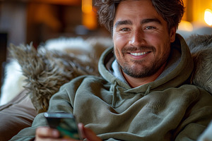 A smiling Caucasian man relaxes in a cozy setting, holding a smartphone and wea, a Person Photo by ImageMir