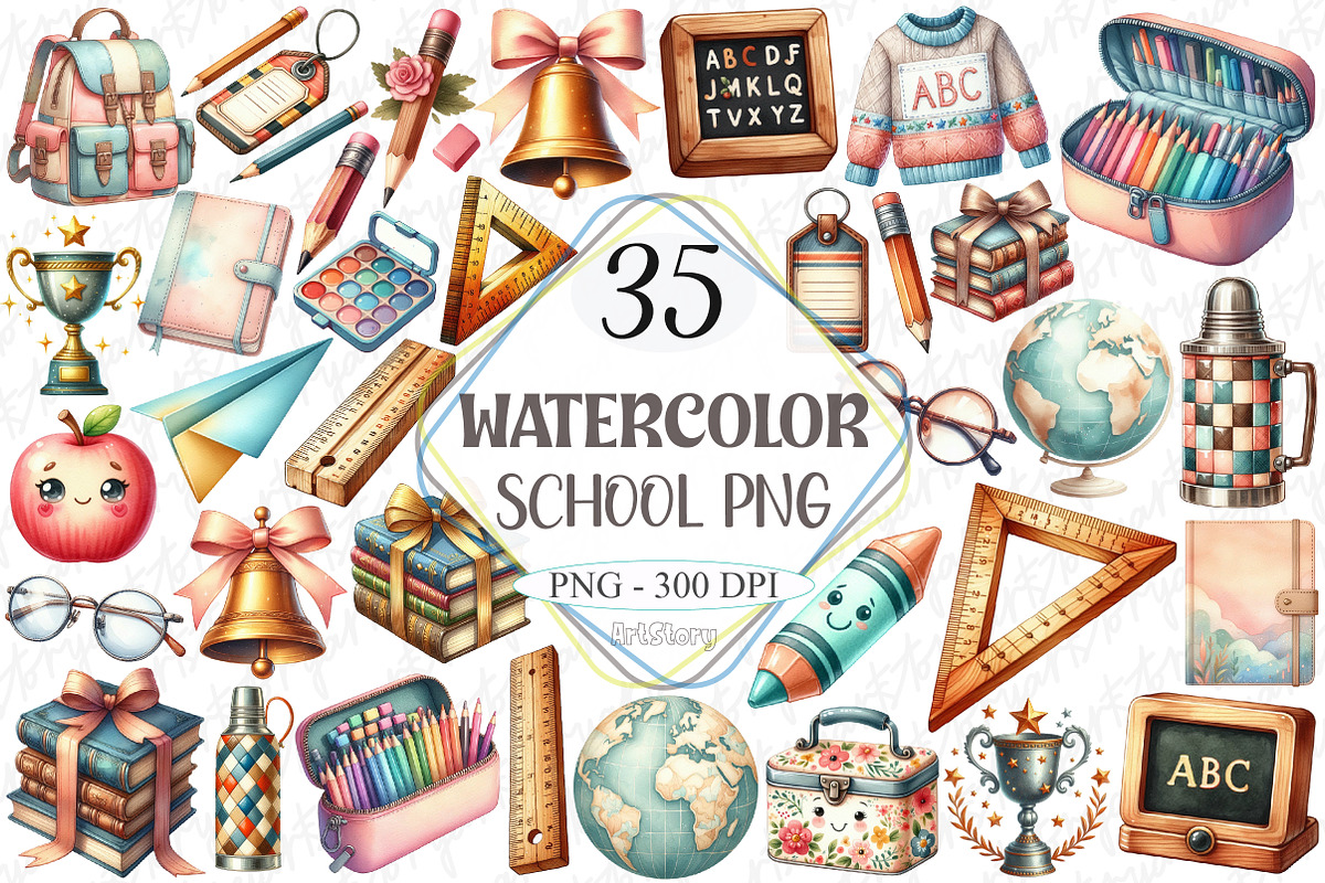 Watercolor School PNG Clipart Bundle, a Graphic by designcity5 (Photo 1 of 5)