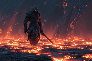 Dark Hooded Figure Lava Landscape Fa, a Photo by Pixeness Studio