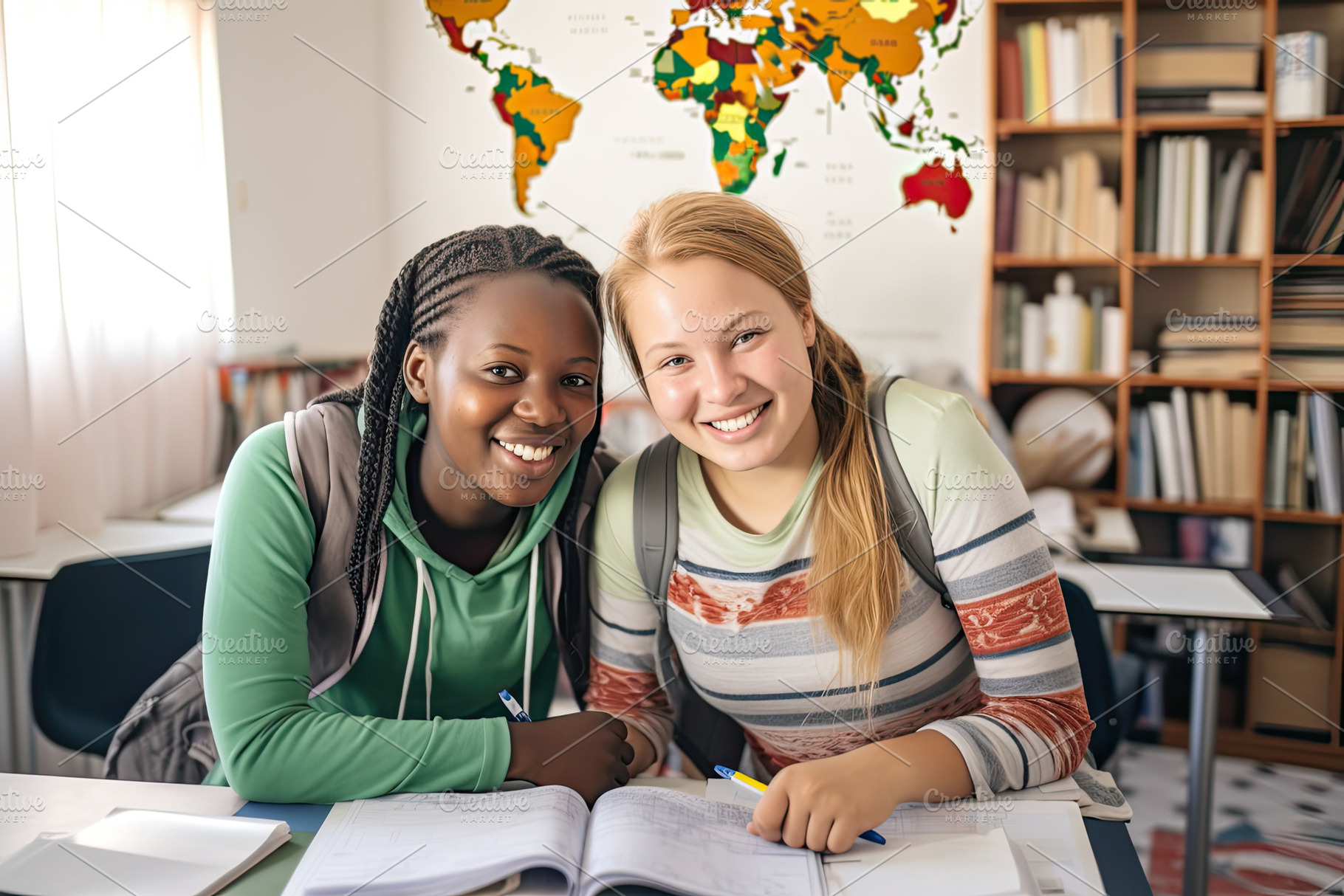 Black and white girl classmates are sitting in class and smiling, a Photo by zakiroff